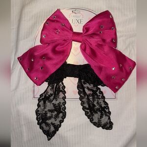 Capelli New York Large Oversized Jumbo Pink Satin Black Lace Hair Bows Bedazzled